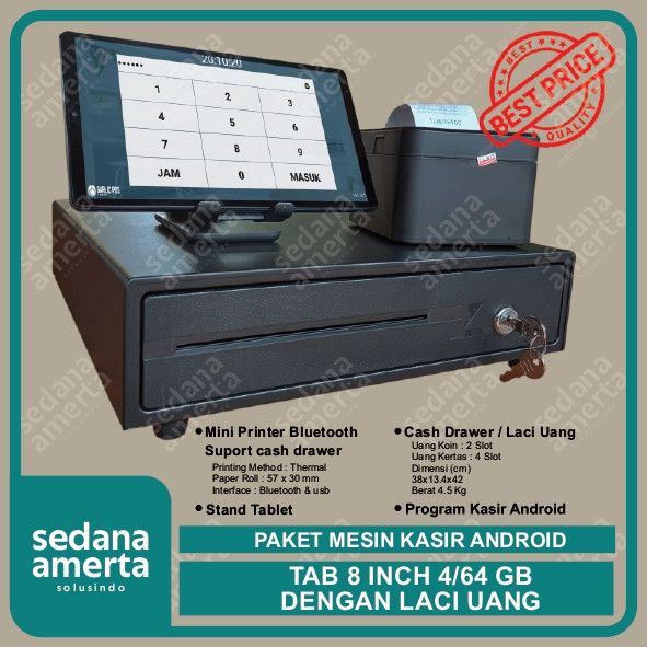 Paket Mesin Kasir Android POS Tablet/Tab  8 Inch 4/64 GB - PAKET LENGKAP : Tab, Laci Uang/Cash drawe