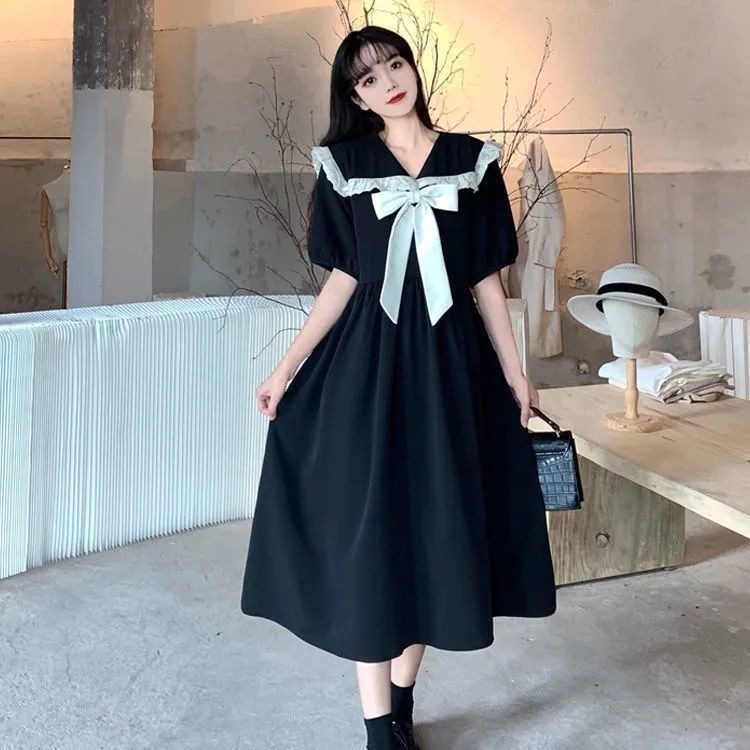 Gaun hitam dengan gaun Prancis kerah navy busur korean midi dress midi dress korea midi dress K039