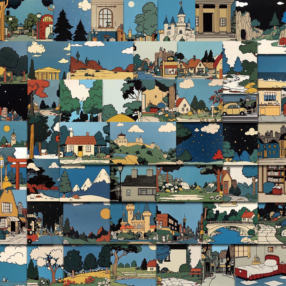 

50PCS Retro Cartoon Landscape Stickers Cartoon Retro Travel Bicycle Laptop DIY Fashion Tablet Decoration PVC Graffiti Stickers