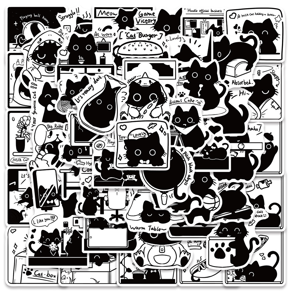 

50pcs Cute Black Cat Stickers Cartoon Kawaii Decals For Kids Laptop Water Bottle Suitcase Skateboard Scrapbook Phone Sticker