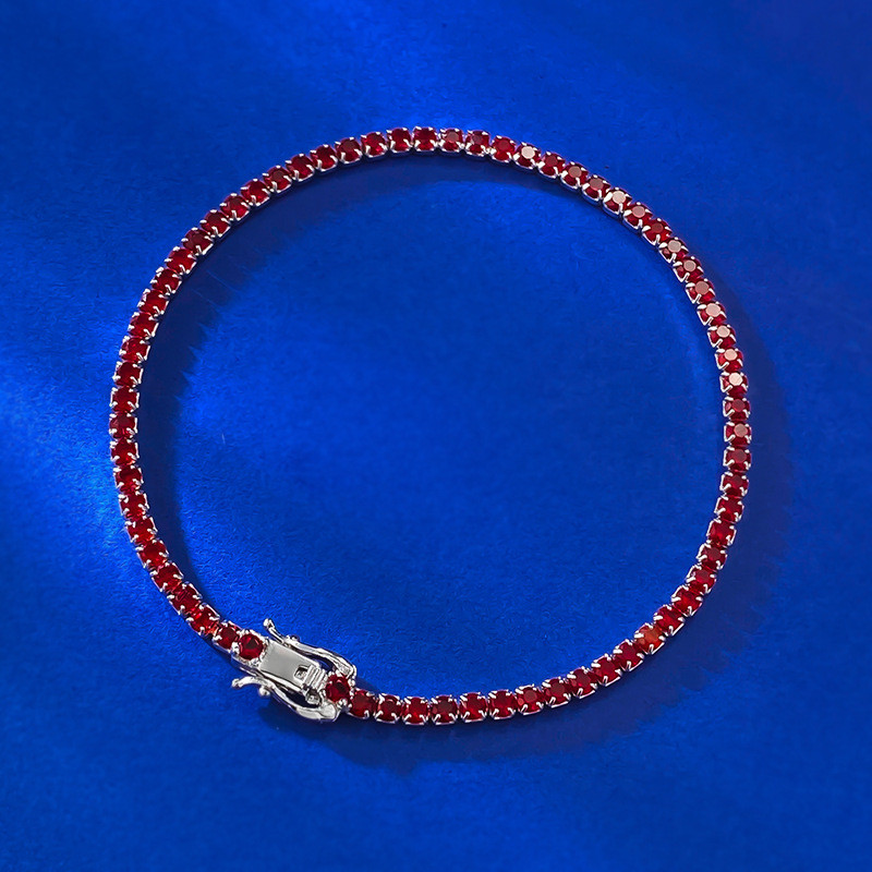 New S925 Silver Moissanite Bracelet Women's European and American Pigeon Blood Red Tennis Chain Sing