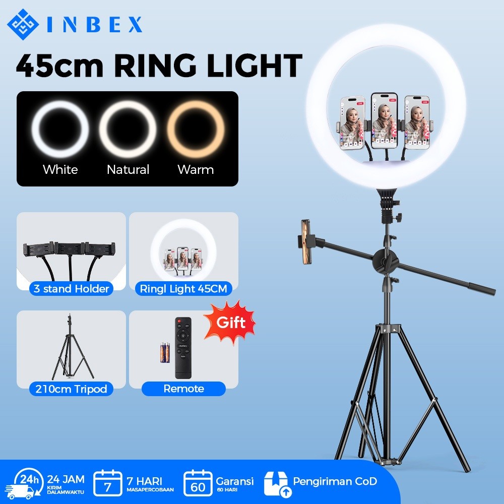 INBEX ring light besar 45cm/26cm tripod 210cm+ 3 Holder HP ringlight tripod konten kreator+grati Rem