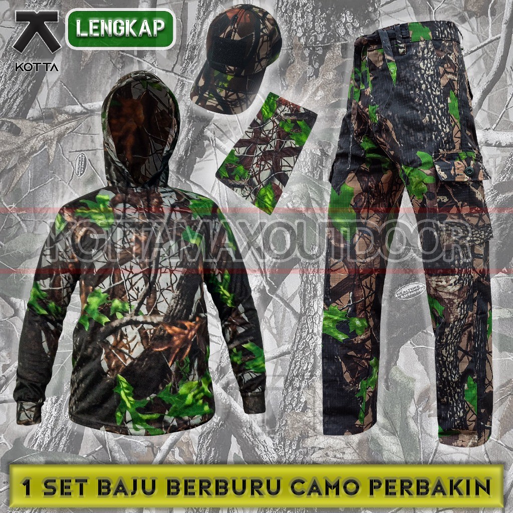 Satu Set Setelan Baju Kaos Hoodie Celana Topi KAMUFLASE CAMO Perbakin Hunting Berburu