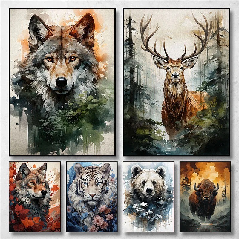 

Vintage Wild Jungle Animal Deer Wolf Forest Landscape Art Posters Canvas Painting Wall Prints Picture for Living Room Home Decor
