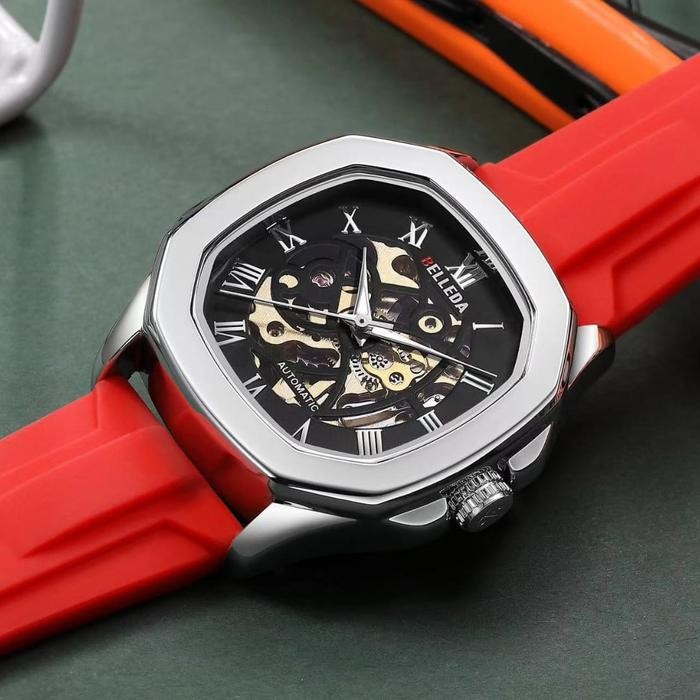 JAM TANGAN TERBARU BELLEDA 9484 AUTOMETIK SEGI RUBBER WATER RESISTIANCE - MERAH