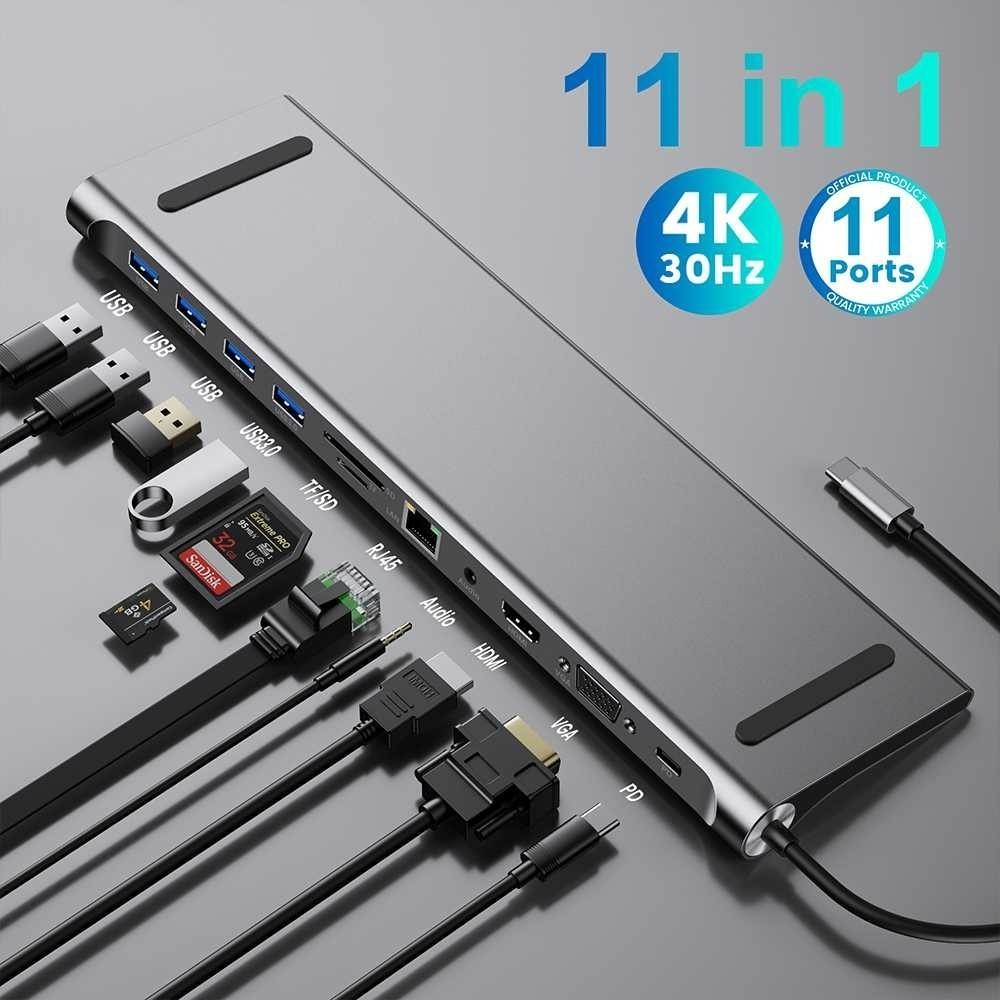 USB Hub Type C Adaptor 11in1 HDMI 4K AUX Card Reader | Adaptor Hub USB Pembaca Kartu AUX HDMI 4K
