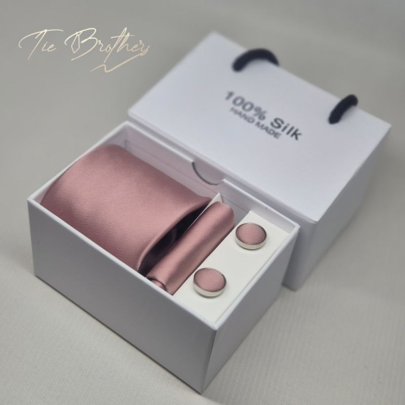 gift set rosegold seri iv isi dasi panjang long tie rose gold pink, handkerchief sapu tangan saku ja