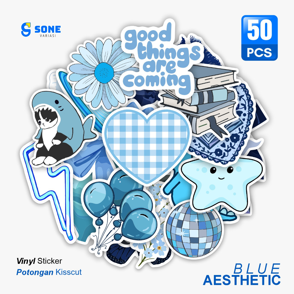 Stiker Pack BLUE AESTHETIC / Stiker Animasi Paper Vinyl Deco Buku Jurnal Tumbler Laptop Aesthetic