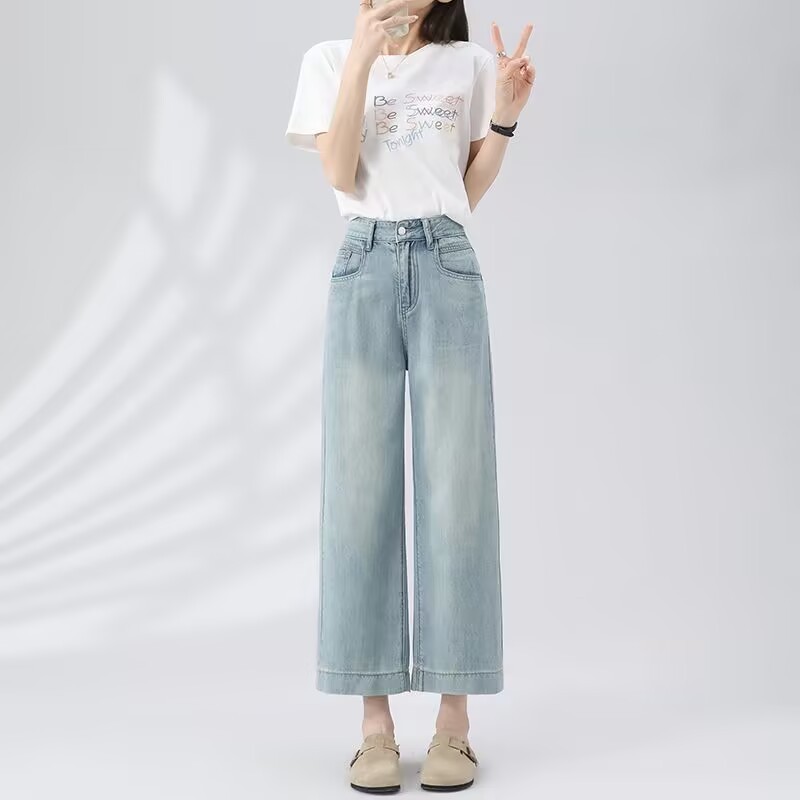 (S-7XL)Celana jeans wanita pinggang tinggi retro celana panjang longgar lurus celana jeans