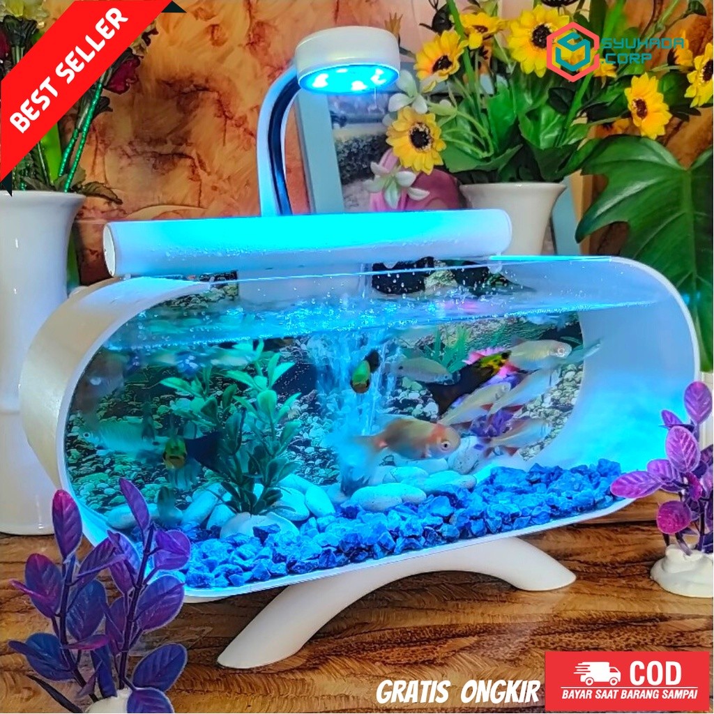 [Cod] 1 Set Aquarium Akrilik Cupang Mini Plus Mesin Aerator Air Mancur Dan Lampu Led Aquarium BB002