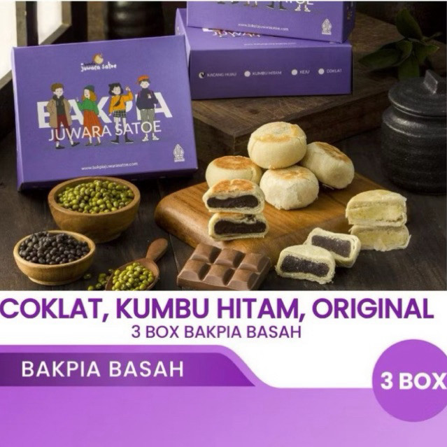 

Bakpia Basah Juwara Satoe [3 BOX] - (Coklat, Kumbu, Kacang Hijau) isi 15