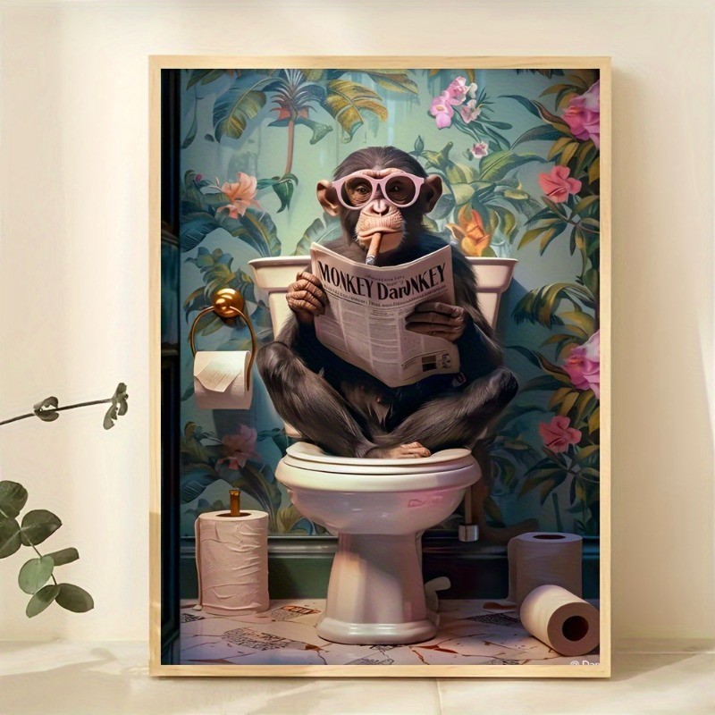

Humorous Monkey on Toilet Reading Newspaper Wall Art Poster, Frameless Modern Animal Art Print for Home Decor, Canvas Wall Art