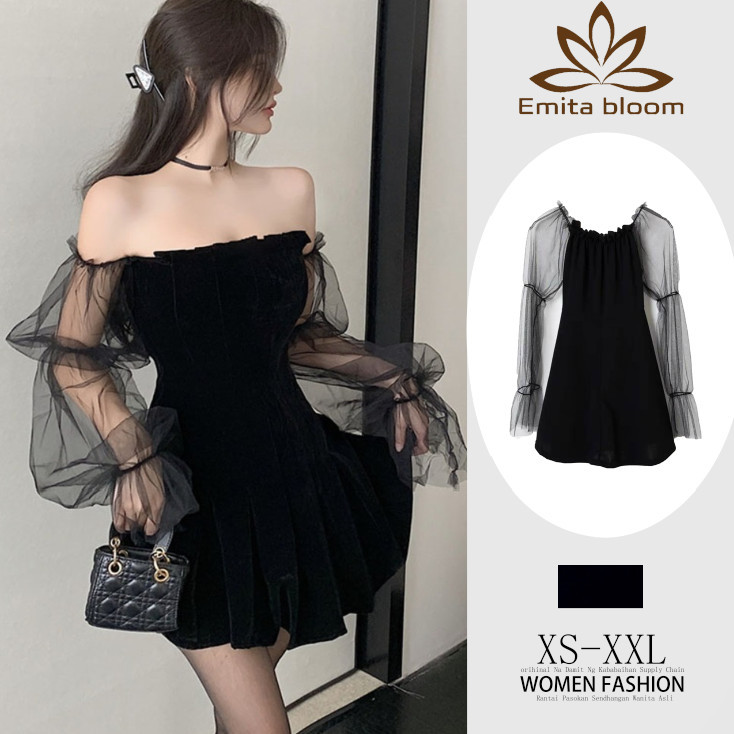 FLASH SALE EMITA BLOOM dress lengan panjang lace korean style hitam wanita cantik mini big size form