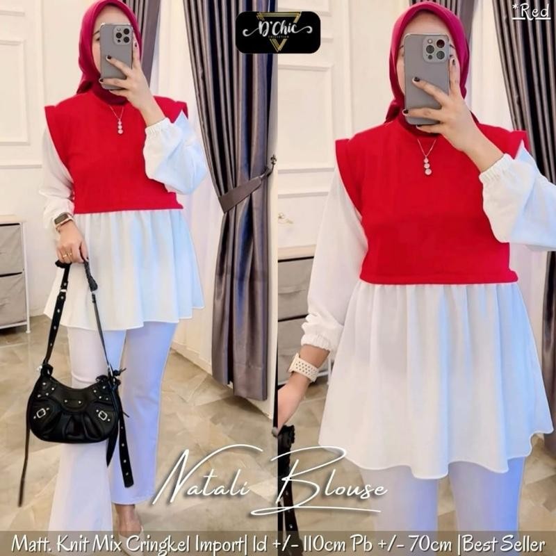 BLOUSE MERAH PUTIH KEMERDEKAAN BAHAN CRINKLE MIX KNIT PREMIUM LD 110 PANJANG 70  ATASAN WANITA AGUST