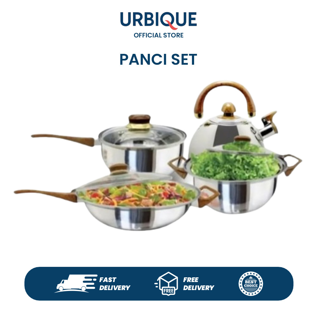 Panci Set Stainless 8 Pcs Q2 7208 – Set Alat Masak Lengkap dengan Teko & Tutup Kaca Anti Panas