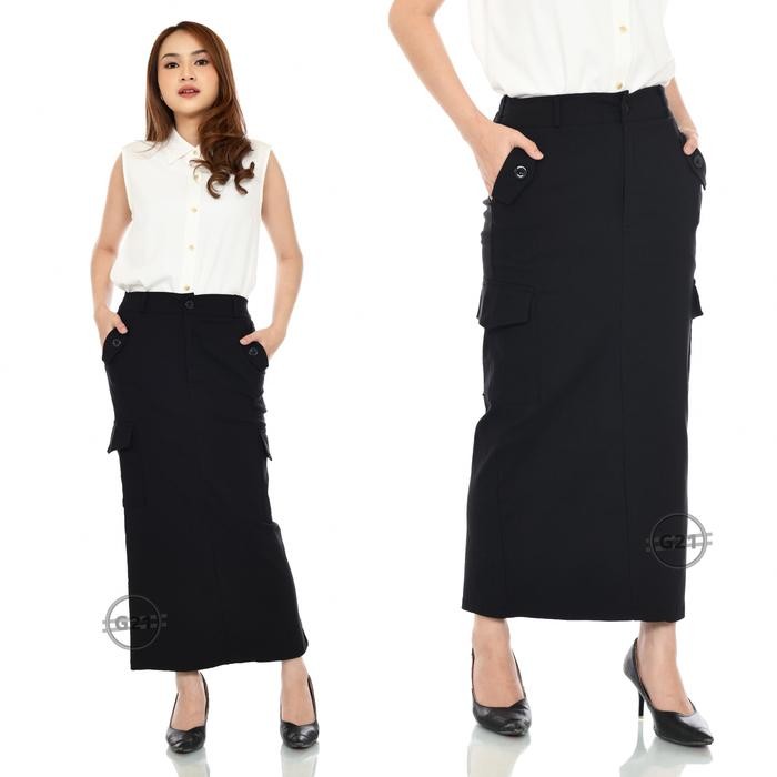 Rok Span Kargo Wanita Panjang 7/9 Pinggang Karet Bahan Dobel Strech High Premium Quality - Hitam