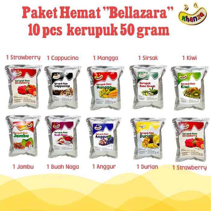 

Paket Hemat "BELLAZARA" 10 Pcs Kerupuk Buah Strawberry Cappucino Mangga Sirsak Kiwi 50 Gram