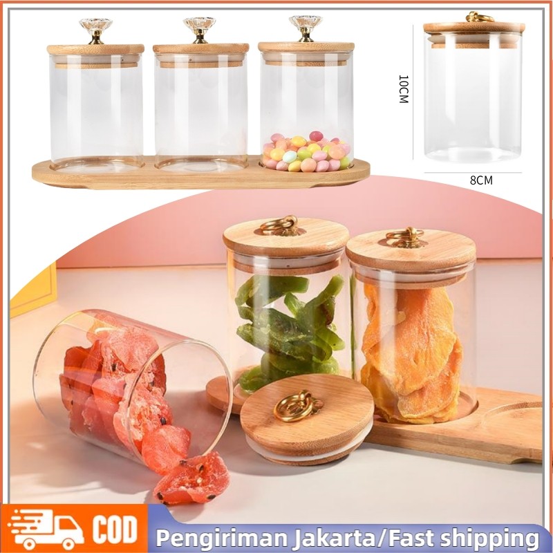 [READYYY] Set Toples Kaca Dengan Nampan Kayu/Toples Kaca Kedap Udara/Piring Camilan Kaca Transparan