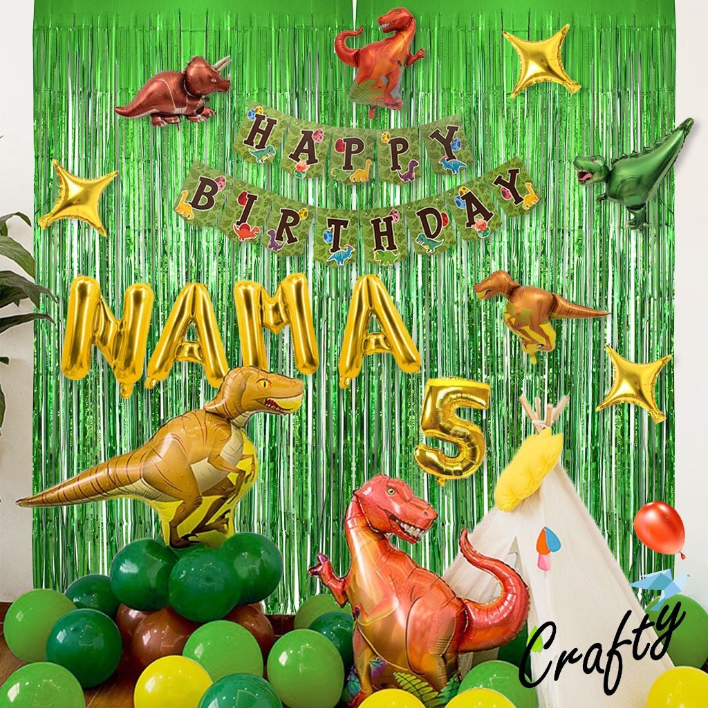 [PAKET] BIRTHDAY set BANNER DINO GREEN CURTAIN Dekorasi Pesta Backrop Ulang Tahun Anak