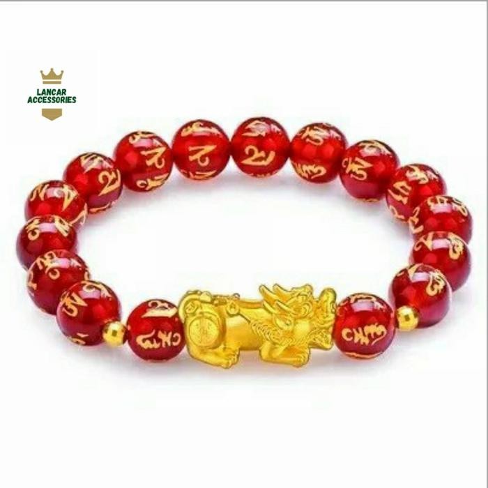 Gelang Batu Alam Giok Merah Mantra Budha Kombinasi Pixiu