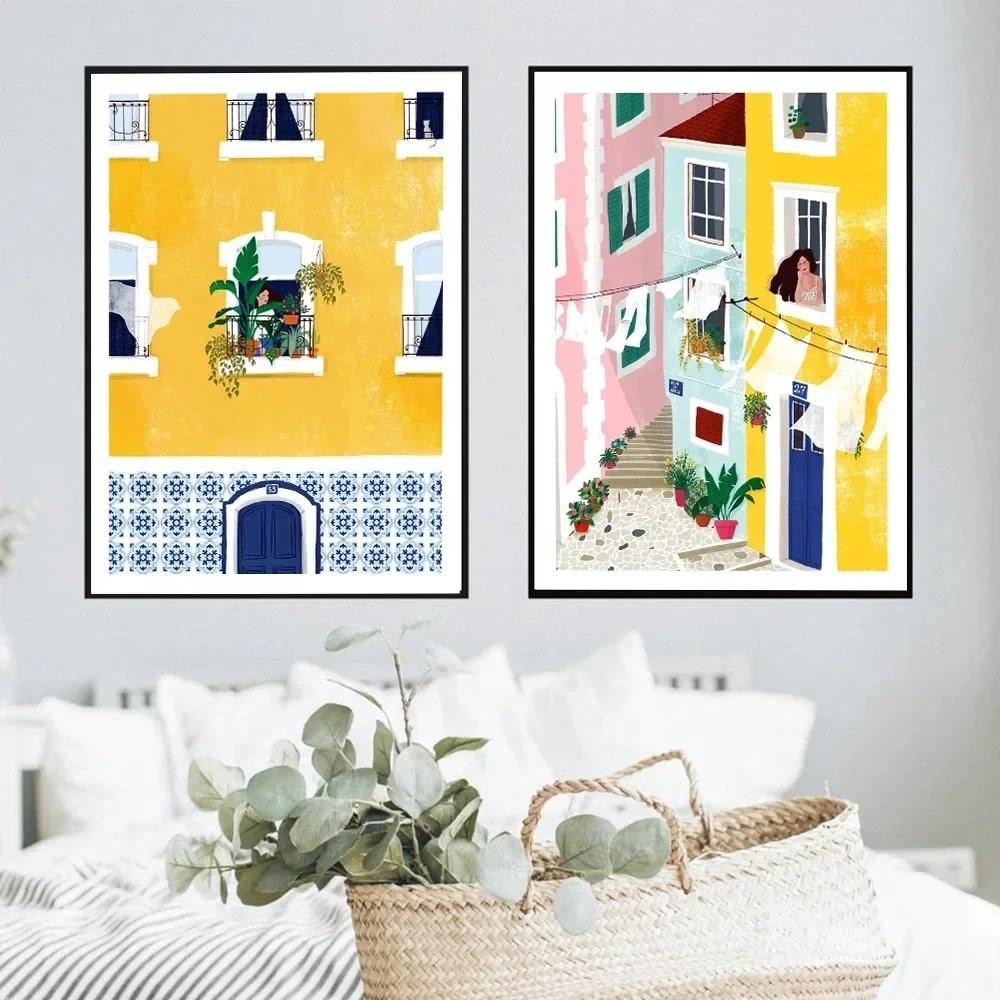 

Architecture Cat Woman Posters Lisbon Plant Girl Illustration Canvas Painting Wall Art Gift Travel Print Picture Home Decoration
