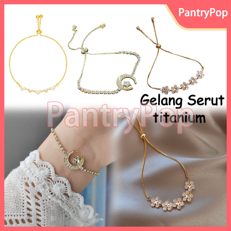 Gelang Serut Titanium Wanita Korea Mewah Zirkon Bunga Couple / Gelang Serut Titanium / Gelang Serut 