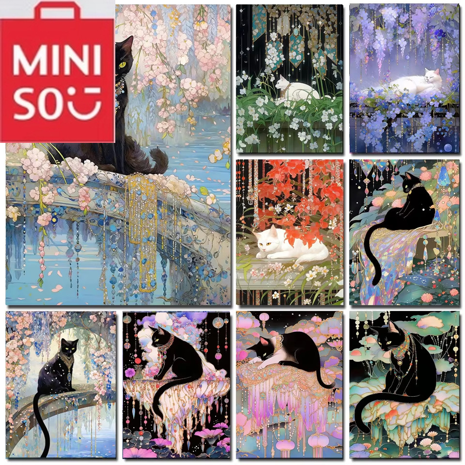 

MINISO Diamond Painting Black Cat and Flowers DIY Cross Stitch Embroidery Sets Full Round/Square Diamond Mosaic Home Decor