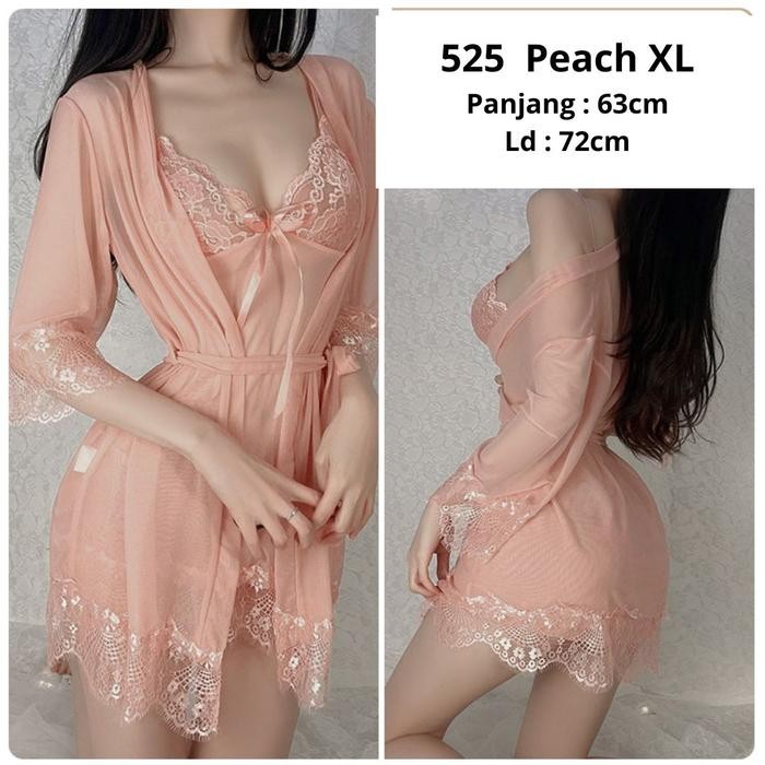 New Lingerie Sexy 525 - Dress Kimono Seksi Lingerie Transparan Wanita Hot - Peach XL