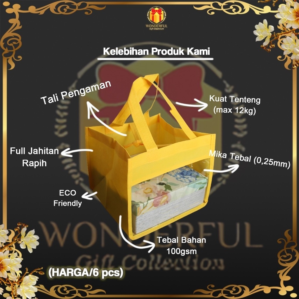 

(6 PCS) Goodie Bag Kuning Mika Kain Spundbond / Kantong Kue Hampers GDB-K