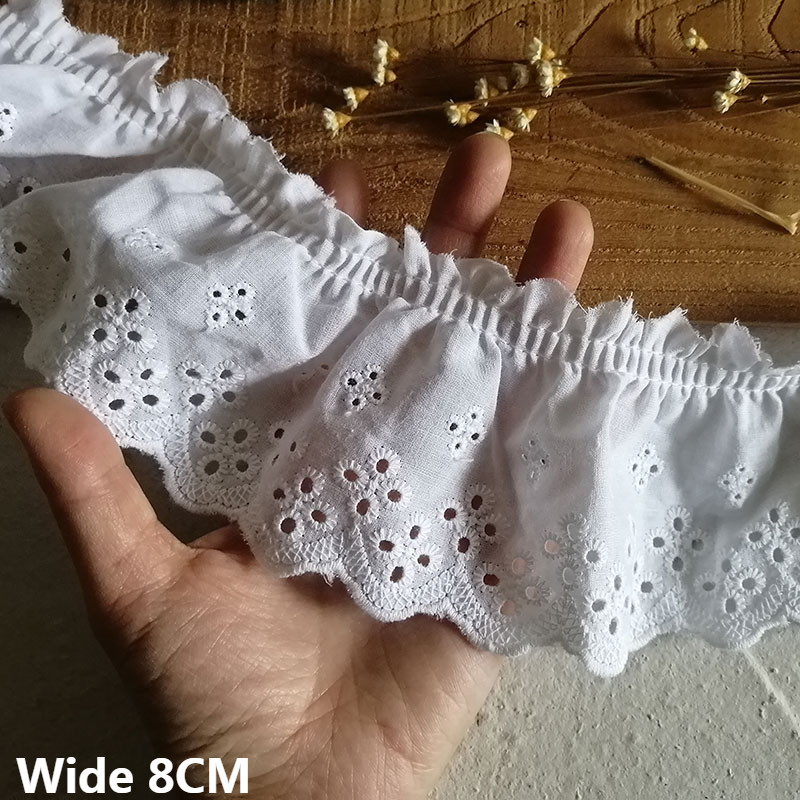 

8CM Wide White Cotton Lace Embroidered Fabric Skirt Hem Neckline Cuff Collar Ruffle Trim DIY Dress Apparel Sewing Fringe Ribbon