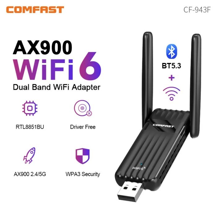 COMFAST AX900 WiFi 6 USB Adapter Bluetooth BT5.3 Dual Band 2.4/5GHz 900Mbps WiFi6 Dongle - CF-943F