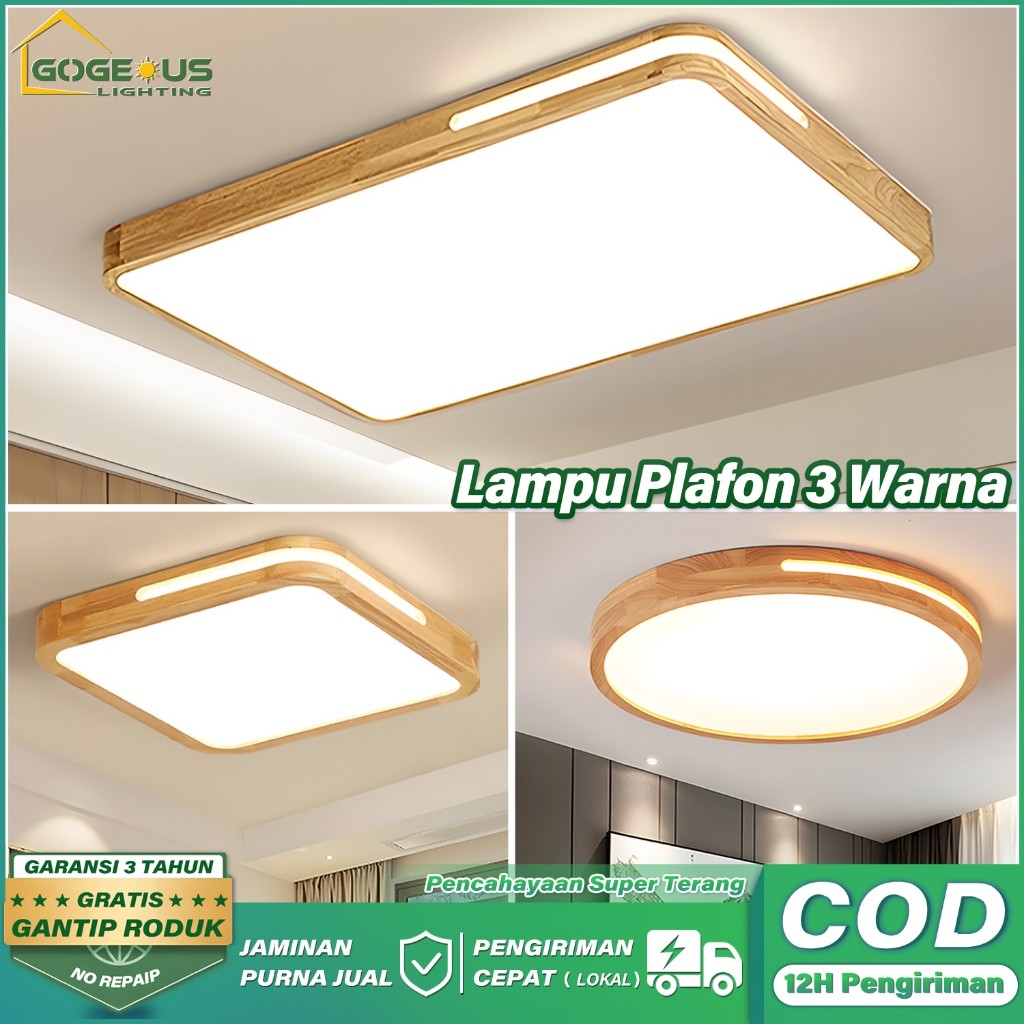 【COD】Lampu Plafon Minimalis Modern Lorong Dekorasi Bulat Persegi Tekstur Kayu Pvc 24/36/45 Watt 3 Wa