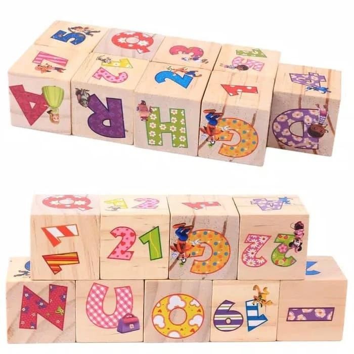Balok Kayu Edukasi Anak Puzzle Huruf & Angka Alphabet Cube Montessori Kids Toys Kado Ulang Tahun Premium