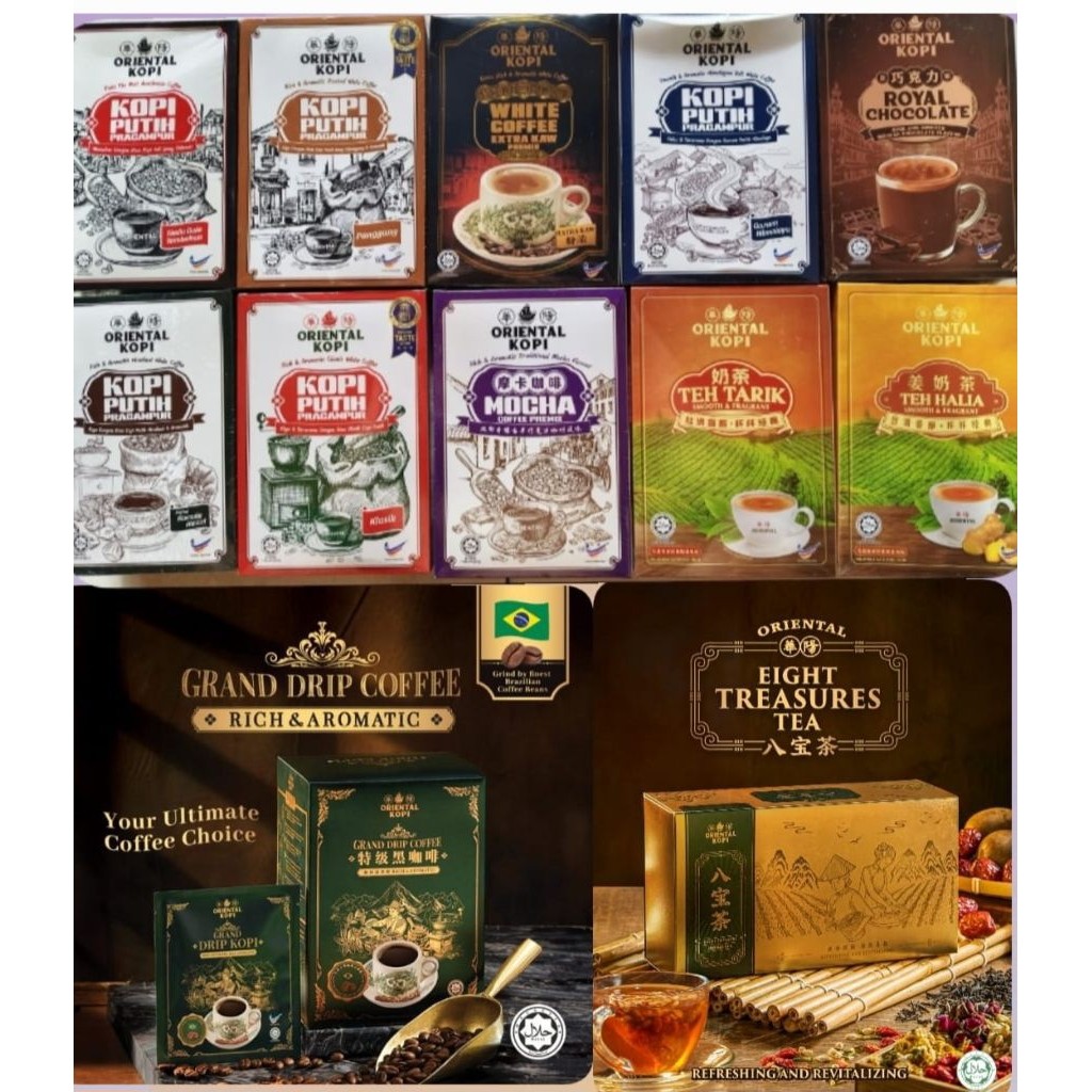 

Oriental Kopi White coffee Malaysia All Varian White Coffee | Coffee Cham | Royal Chocalate | Teh Tarik | Mocha | Drip Coffee