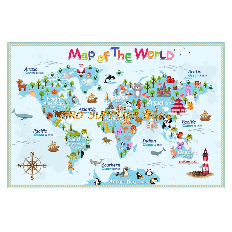 

Blue Carton World Map Poster Size Wall Decoration Large Map of The World 140x93cm Waterproof Canvas Map Children's Bedroom