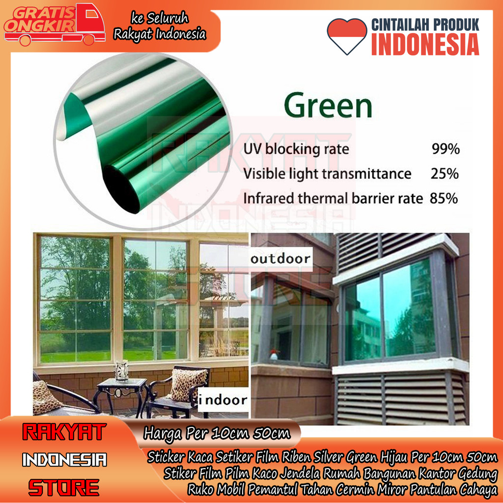 Sticker Kaca Setiker Film Riben Silver Green Hijau Per 10cm 50cm Stiker Filem Pilm Kaco Jendela Ruma