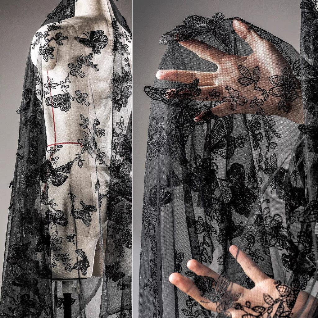 

Black three-dimensional butterfly embroidery mesh creative wedding dress skirt skirt handmade DIY clothing designer fabric