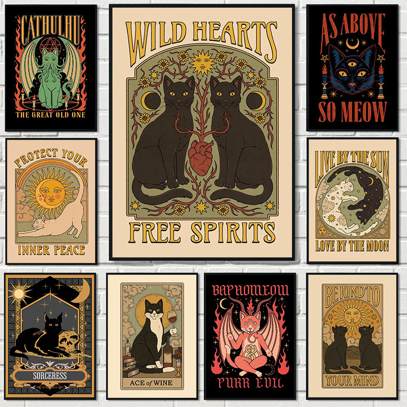 

Abstract Cat Vintage Tarot The Lovers Sun Moon Illustration Poster and Prints Canvas Painting Wall Art Pictures Home Room Decor