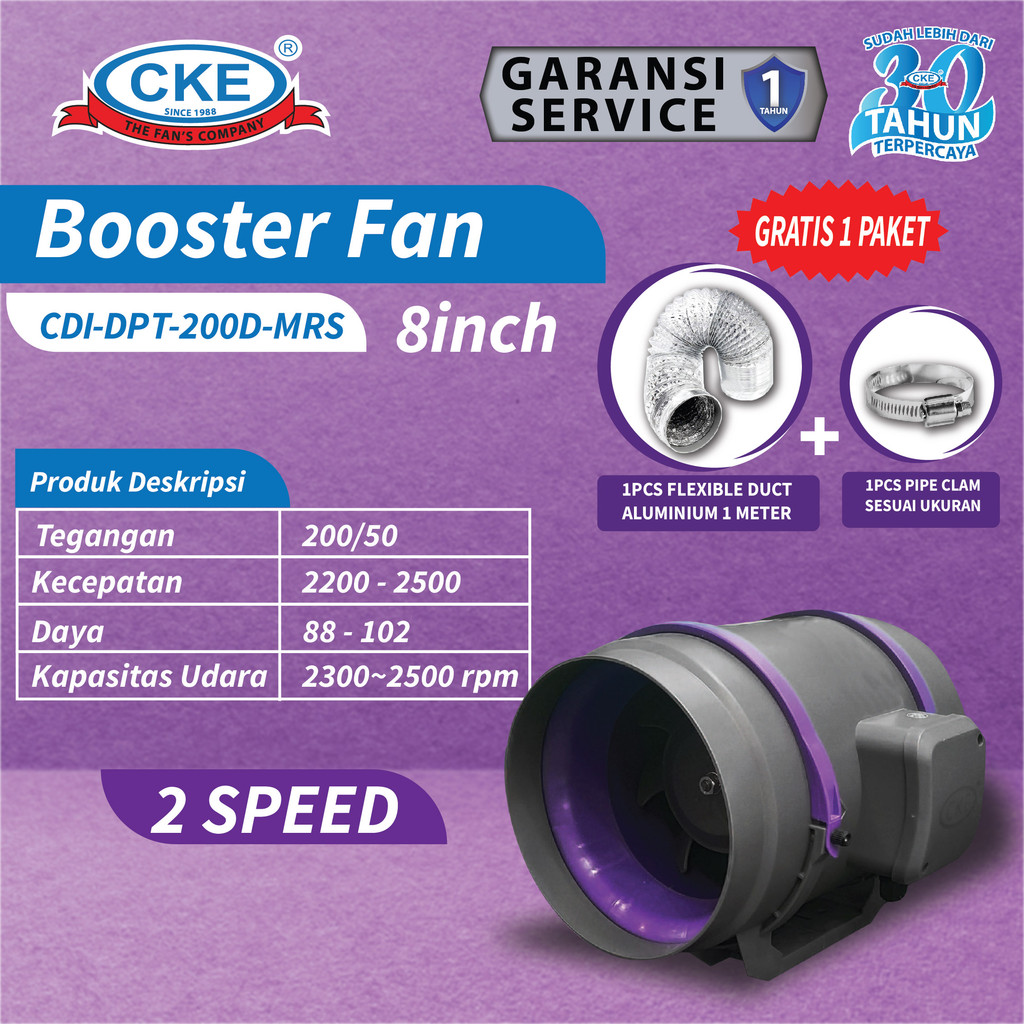 Inline Duct Booster Fan Plastik 8" Inch Kipas Hisap Ventilasi 2 Speed