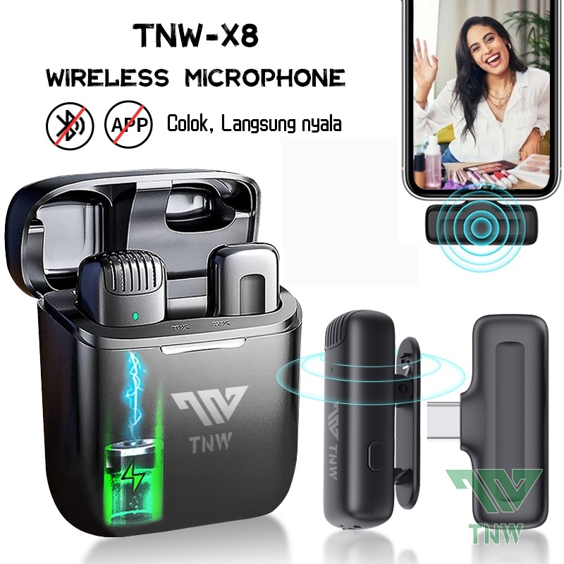 TNW-X8 Mikrofon Nirkabel Lavalier dengan Kotak Pengisi Daya Wireless Microphone Mikrofon Lapel Mini 