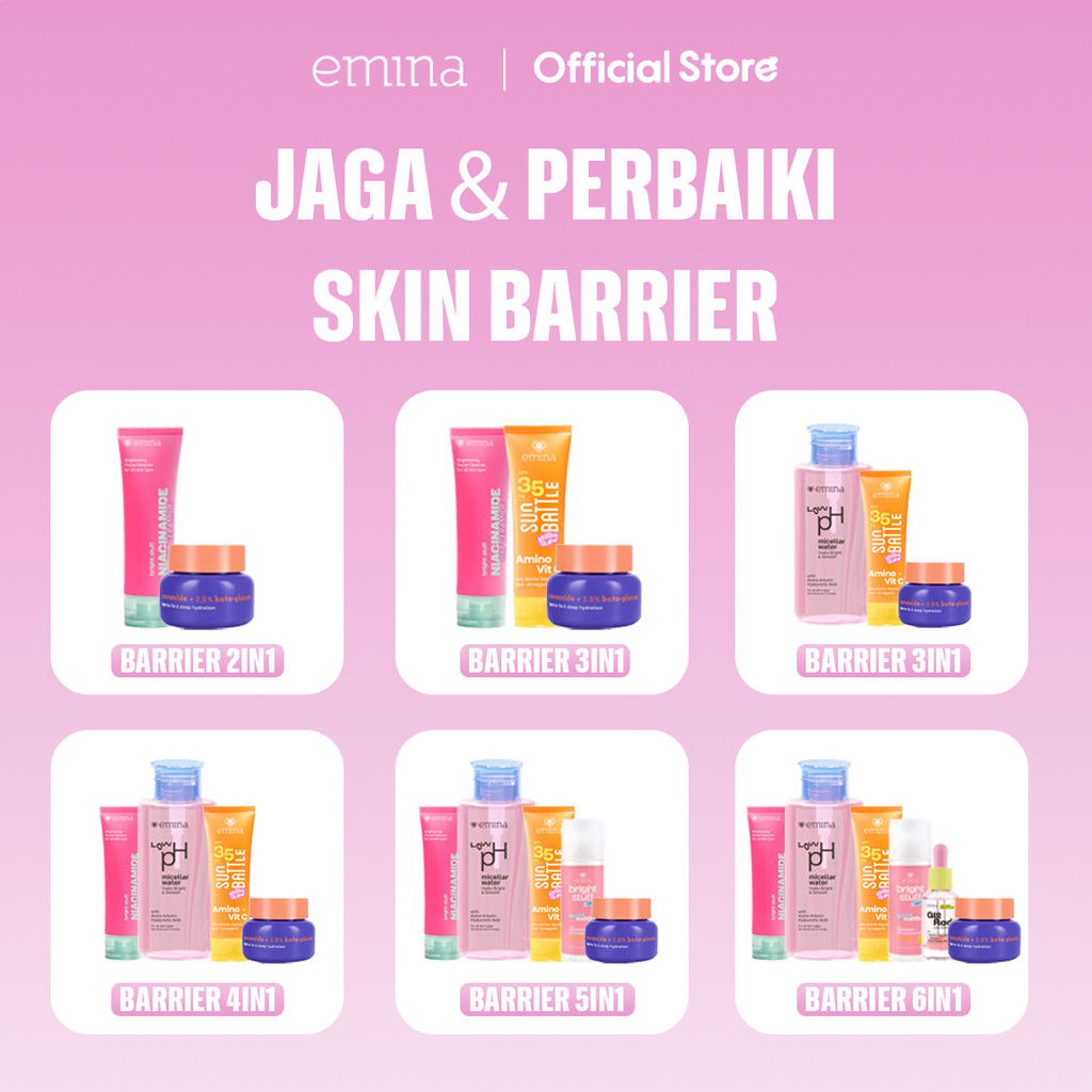 Emina Barrier Set Bundle All in 7 PCS PAKET SKINCARE HYALUBRIGHT MICELLAR WATER- BRIGHT STUFF FACE W