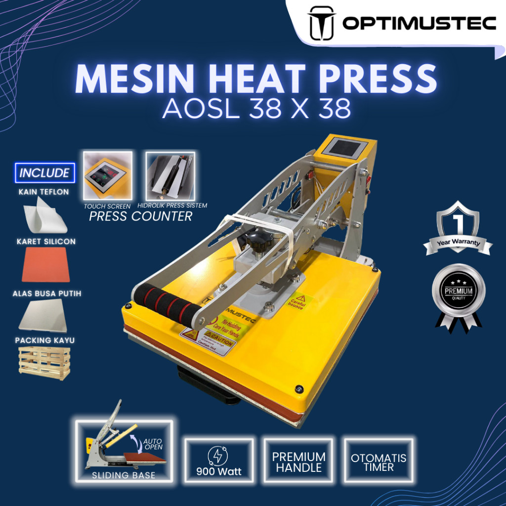 OPTIMUSTEC Mesin Press Sablon Kaos AOSL 38x38 900 Watt Otomatis Auto Open Sliding