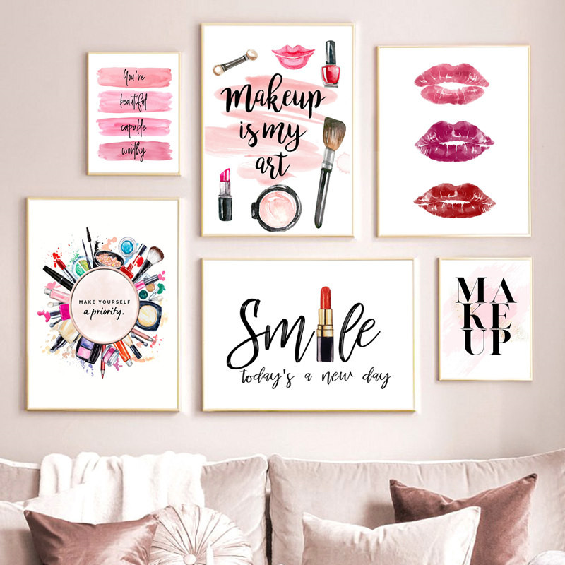 

Fashion Poster Lipstick Makeup Brushes Canvas Print Wall Art Painting Cosmetic Pictures Beauty Posters Girl Room Home Decoration