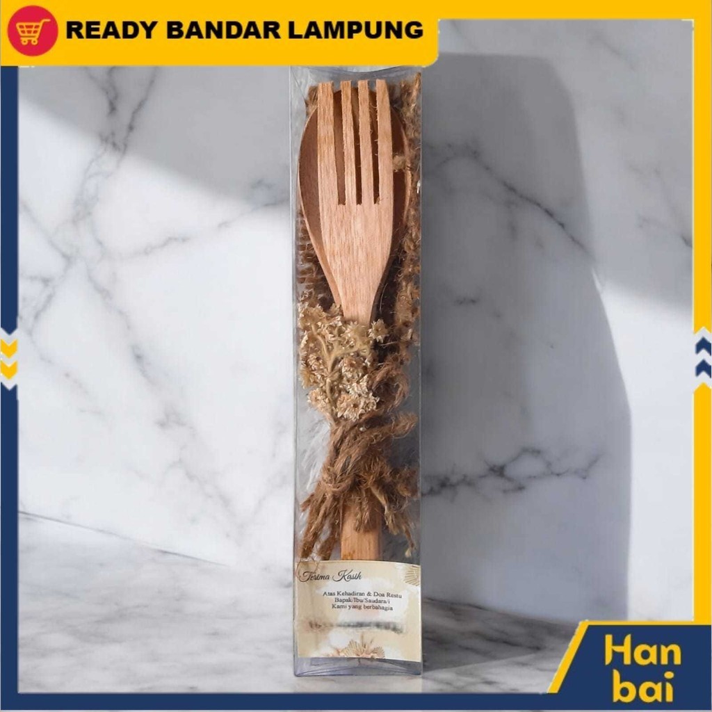 Souvenir Sendok Garpu Kayu Rustic Sablon Kemas Goni Bunga Dan Mika Hanbai Murah