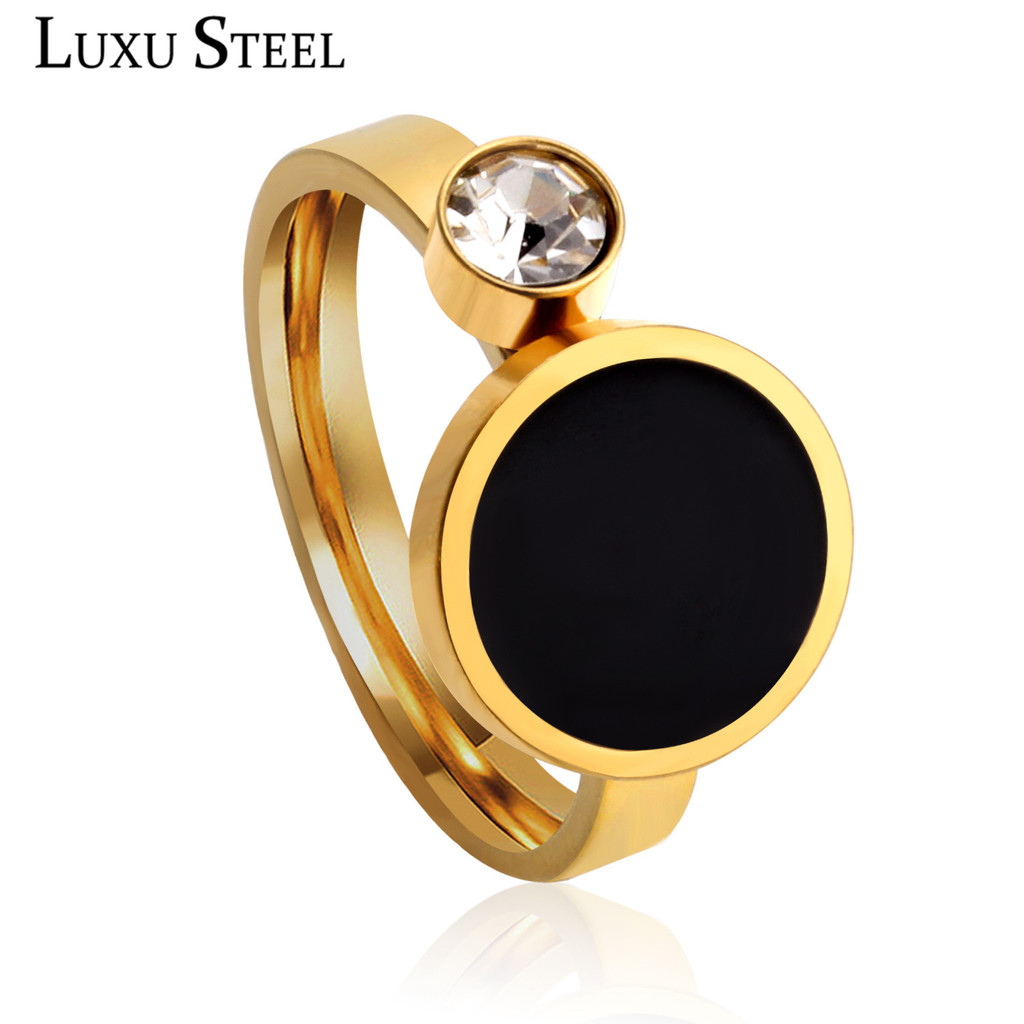 

LUXUSTEEL Stainless Steel Wedding Figure Rings For Women/Men Black Color With Charm Crystal Engagement Ring US Size 6 To 9