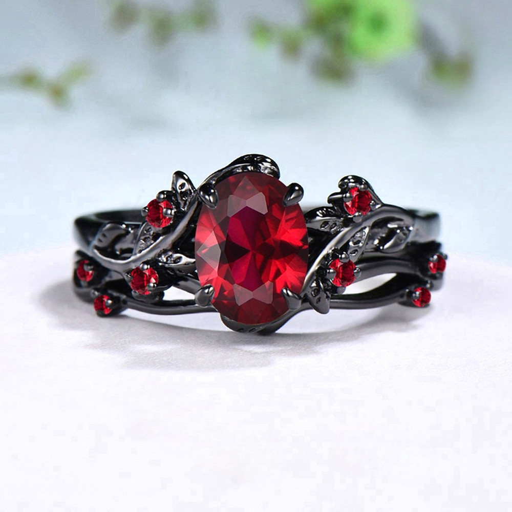 

Two-piece Set Classic Gun Black Rose Branches Ring Women's Vintage Inlaid Red Cubic Zircon Finger Rings Fashion wedding Jewelry