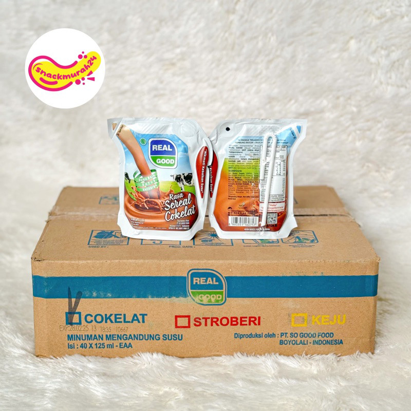 

Susu UHT Real Good POUCH - Netto 125 mL 1 DUS ISI 40 COKELAT STROBERI KEJU