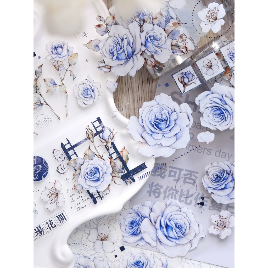 

Vintage Blue Rose Floral Washi PET Tape for Card Making DIY Scrapbooking Plan Decorative Sticker