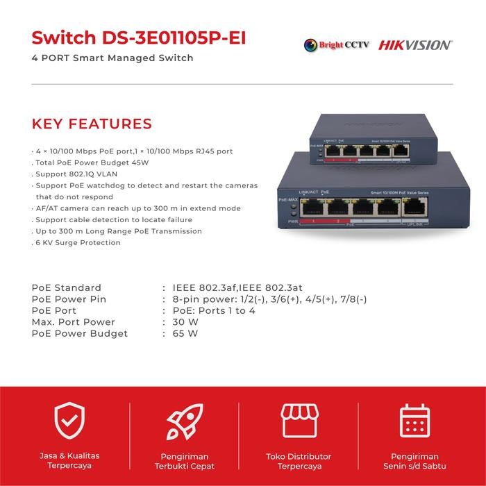 SWITCH HUB POE HIKVISION 4 PORT DS-3E01105P-EI Smart Managed Switch
