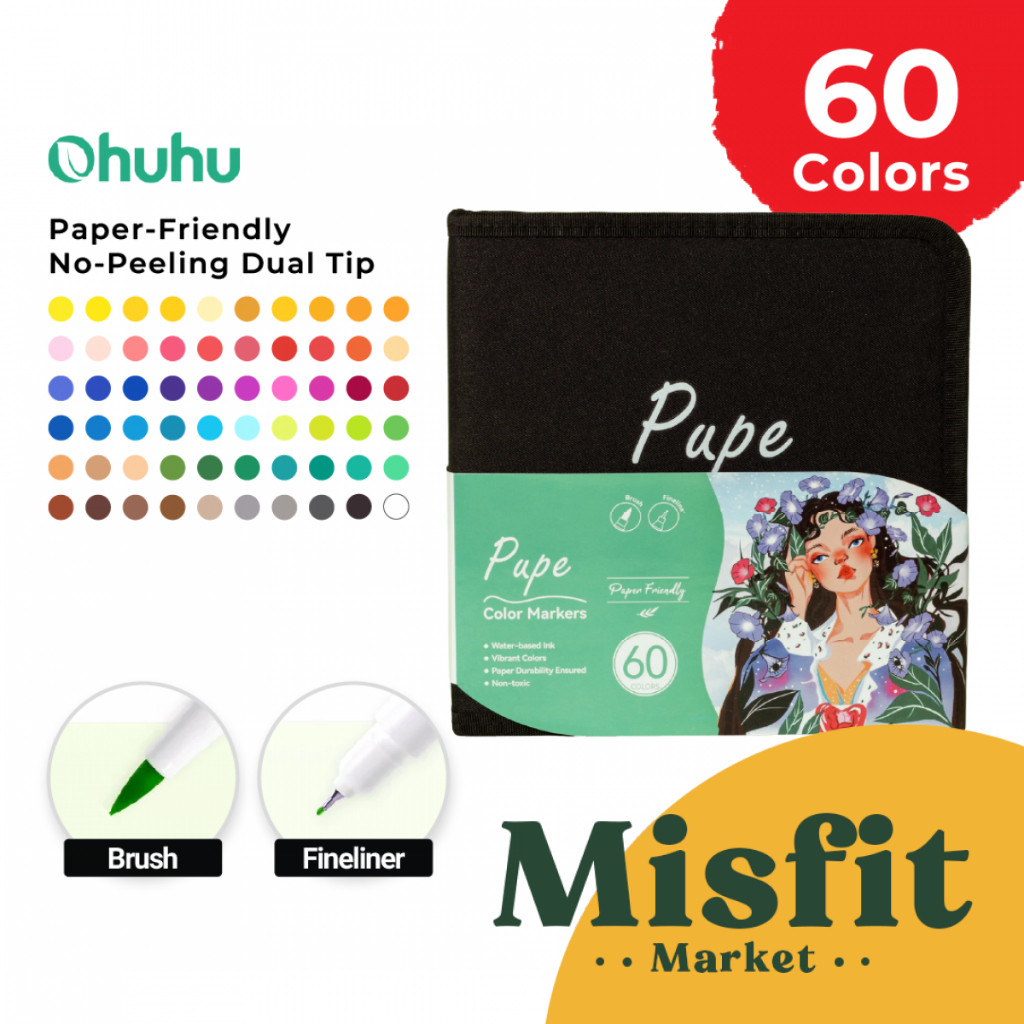 

OHUHU Pupe Paper Friendly No Peeling Dual Tip Brush & Fineliner Watercolor Markers 60 Colors